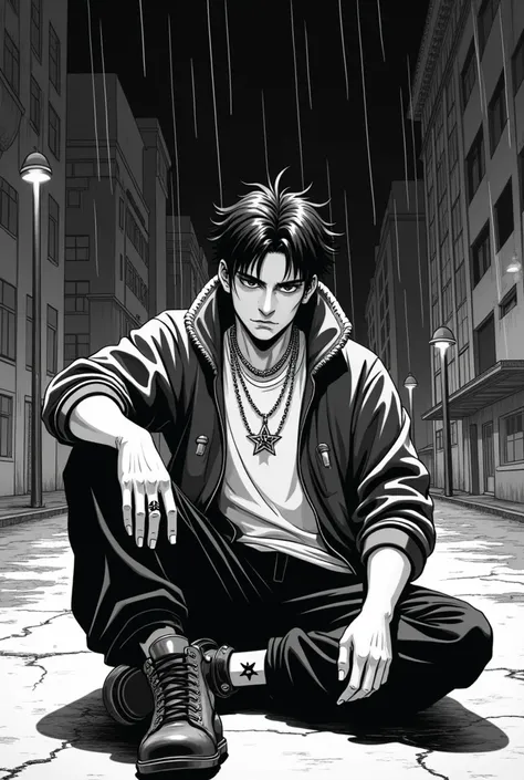 " Manga-style illustration in black and white ,  with a focus on a character named Thiago Price ,  sitting on an urban street at night under a clandestine environment but with a touch of happiness .  Thiago wears oversized urban clothing and wears a silver...