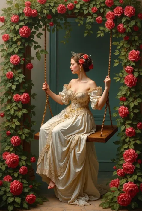 Create a 17th century style painting of a woman in a swing surrounded by roses
