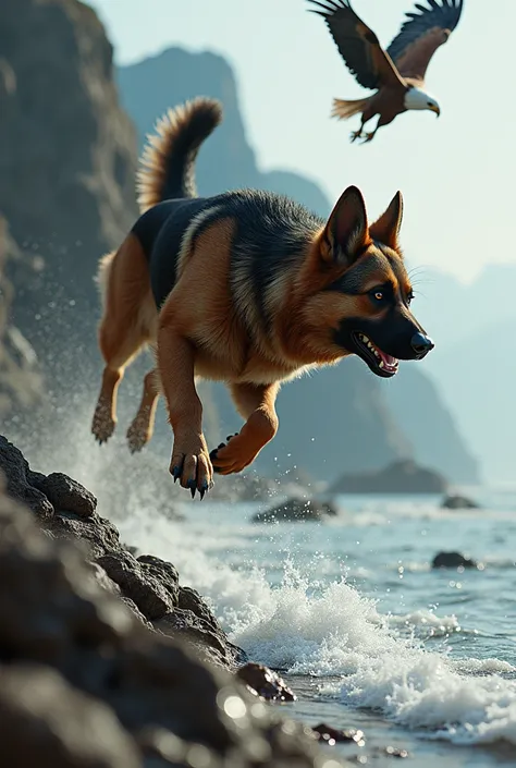  Image of a strong, large dog and German shepherd breed jumping fiercely off a cliff trying to attack an eagle near its mouth, The eagle flies from the receding shore  