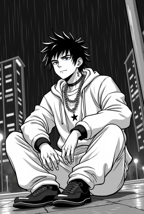 " Manga-style illustration in black and white ,  with a focus on a character named Thiago Price ,  sitting on an urban street at night under a clandestine environment but with a touch of happiness .  Thiago wears oversized urban clothing and wears a silver...