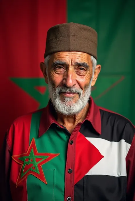 A picture of Kakaji wearing a shirt with Morocco and the Palestine logo behind it