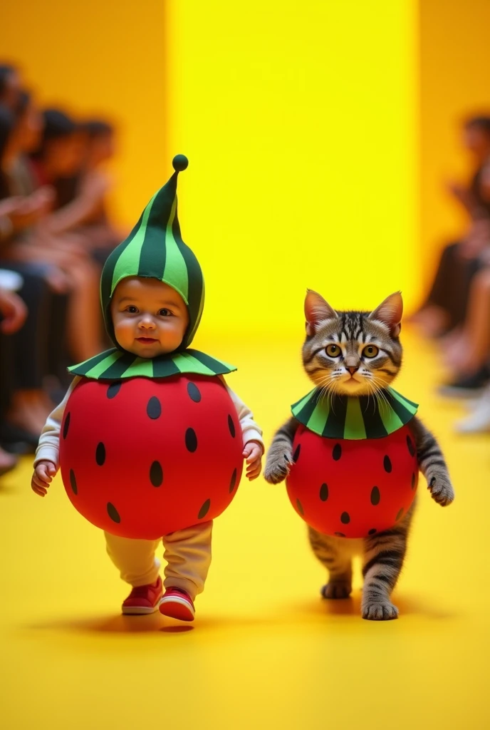 An adorable and surreal scene of a baby and a cat walking down a fashion runway. The baby is dressed in a watermelon-themed costume with a rounded red body featuring black seeds and a green collar, paired with a matching watermelon headpiece. The cat is we...