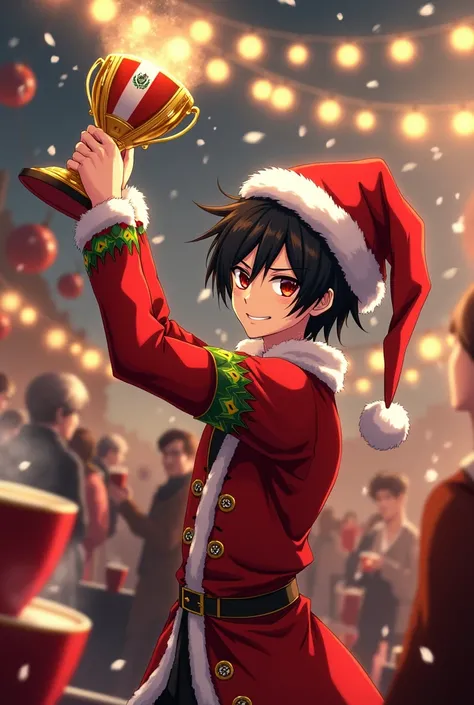 
Lelouch in Christmas costume raising a prize cup. Is there a Peruvian flag in the cup.  in the background there is a Christmas event and chocolate in cups