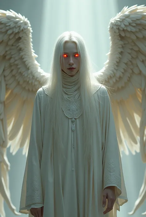 (Semirealism), Pale man with white, long hair with red eyes and Angel wings, wearing a priest outfit. Skinny with no facial hair 