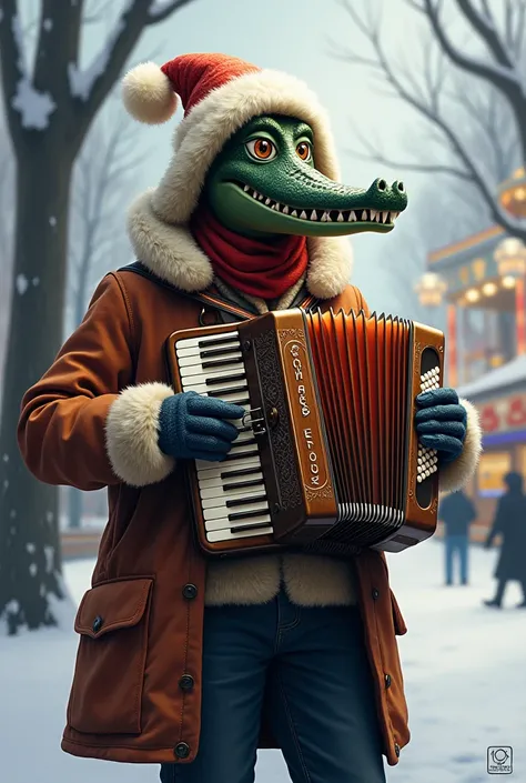 a man in winter clothes with a fur hood, wearing a crocodile carnival mask, playing an accordion, he stands in a winter park against the background of attractions and trees. In the ART style