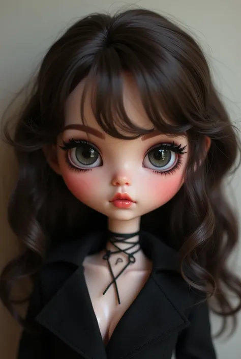 Create the image of a blythe doll with dark brown wavy hair , no fringe on the forehead and with very black eyes with slightly thick and straight eyebrows, long eyelashes and full lips 