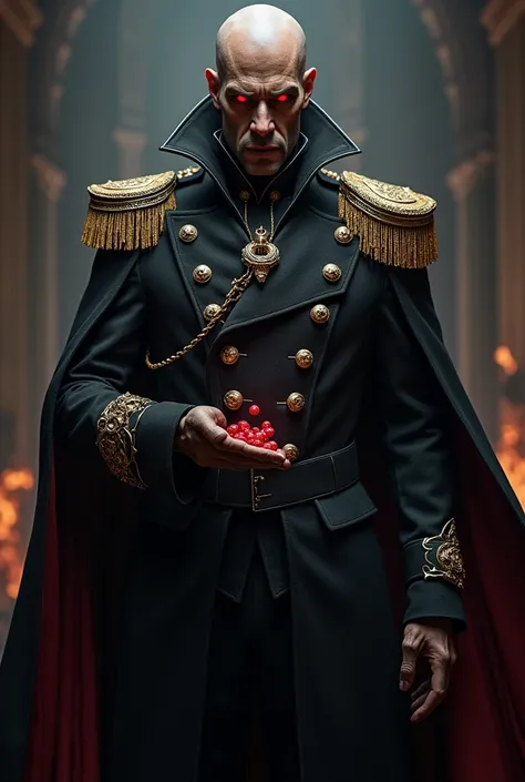 Vampire King, with the reddish pills ,  brown skin and black commanders clothes