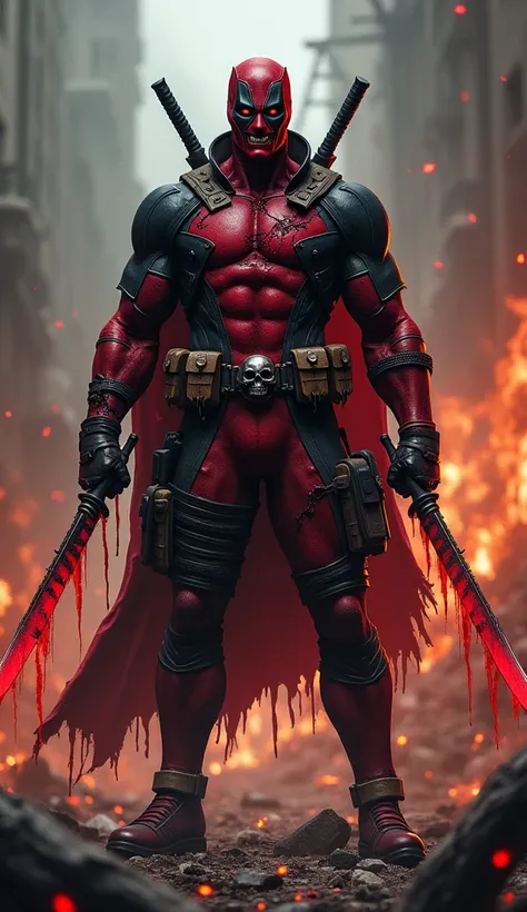 Depict an evil and twisted version of Deadpool, transformed into a dark and chaotic anti-hero. His suit is a tattered, black-and-crimson design, with jagged scars and glowing red veins coursing through the fabric. His mask is cracked, revealing part of his...