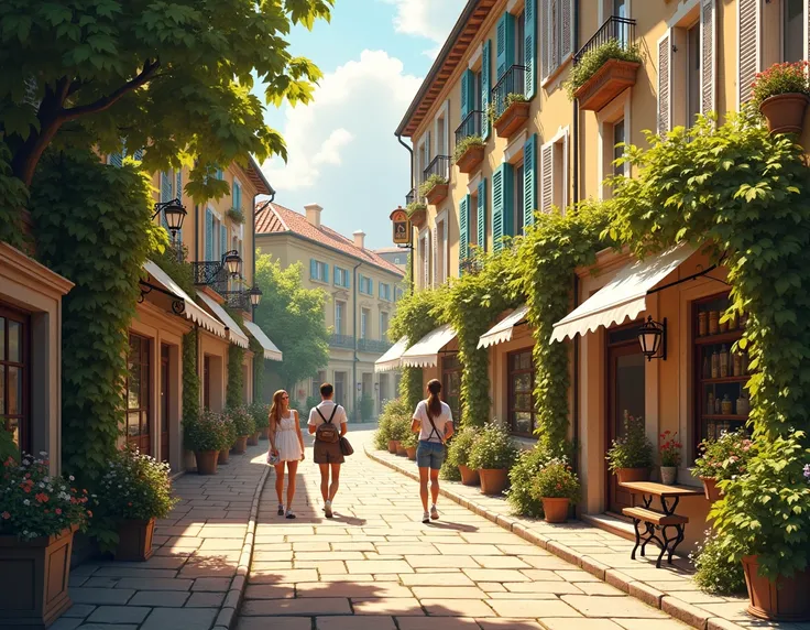  generate a beautiful old street in a French town, very green, beautiful shutters in houses , Walking people,  sunny day