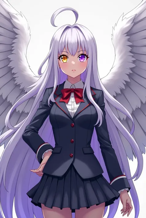 my hero academy, feminine gender.  Long white hair with purple locks. eyes, one gold and the other purple  .  with big white wings  . Full body with student attire.    animated.