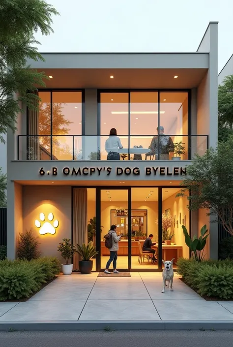  Create an image of the façade of a veterinary clinic with modern architecture plants on the front, At the entrance to the main door it must be written 
Veterinary clinic coworking .
  In one of the side windows on the ceiling there is an illuminated dogs ...