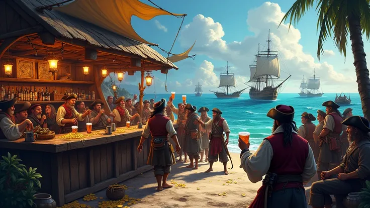 pirate bar by the sea, boats in the background, countless pirates at a party 