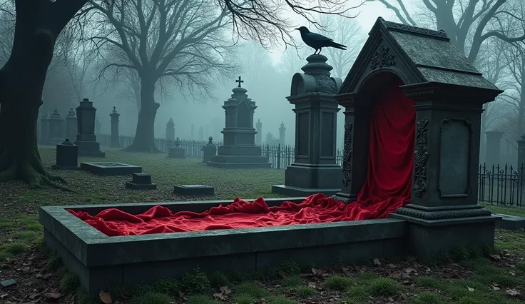 a very high-resolution picture of a gothic cemetery with an open grave containing an empty coffin lined in red Satin