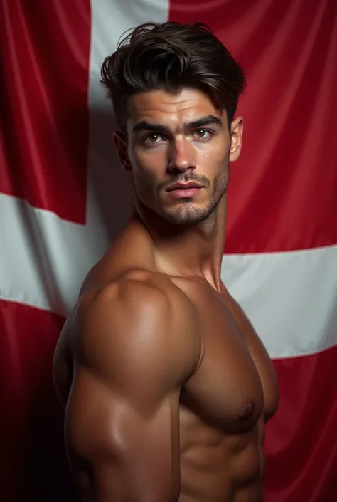 The sexiest and most handsome Danish guy in age 22-26years old halfnaked and his country flag 