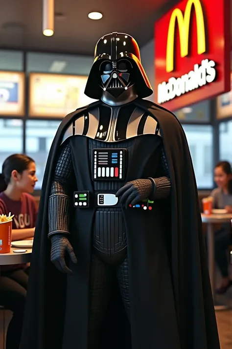 (( Ultra realistic)), Darth Vader,from Star Wars,going to a McDonalds to order your snack and several other customers looking at it