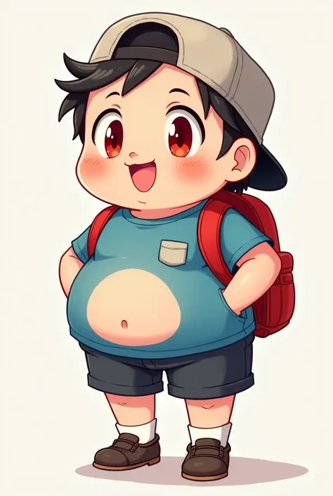  A chubby boy who smiles with red eyes  , with a blue short-sleeved shirt  , that hits above the navel  ,And there is a pocket in the shirt  ,The shirt with the belly out of it and with short shorts , and shoes with socks in the shin and wearing a cap back...