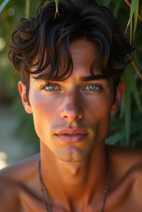 20 year old, man,  sweaty dark brown hair , corte de cabelo middle part flow, ocean blue eyes,  tanned skin , 