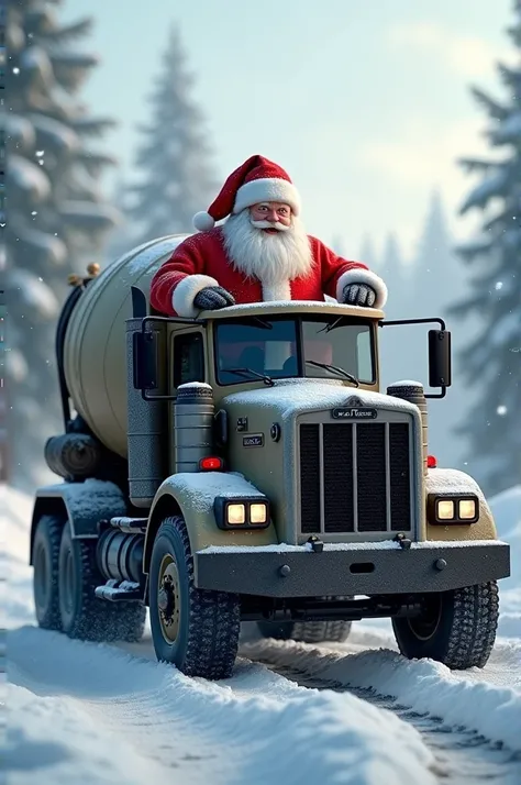 Camion toupie noir et blanc conduit par pere noel