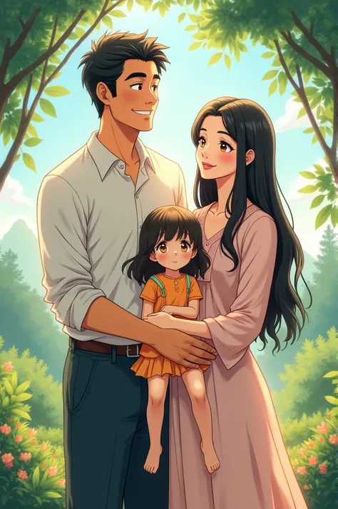 A father, daughter, mother detail anime , mother age 40 father 45 daughter 19 , 