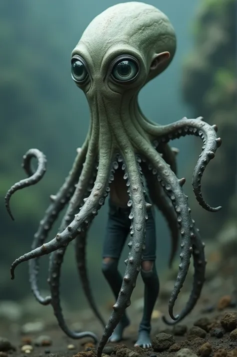 A human with eight long, flexible octopus tentacles instead of legs, covered with octopus skin and patterns, and a human-like face with large, expressive eyes.