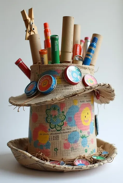 " A handmade hat made from common items found at home.  The base of the hat is made of crumpled newspaper ,  with colorful details such as bottle caps , cardboard rolls  ( like toilet paper )  attached to the top and sides ,  and strips of gift paper or pl...