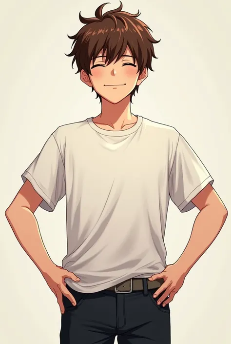 A brown haired teenage guy smirking amd puttimg his hands on his hips, playful, wearimg a white sleeve and black pants, half-realistic half mahanwa