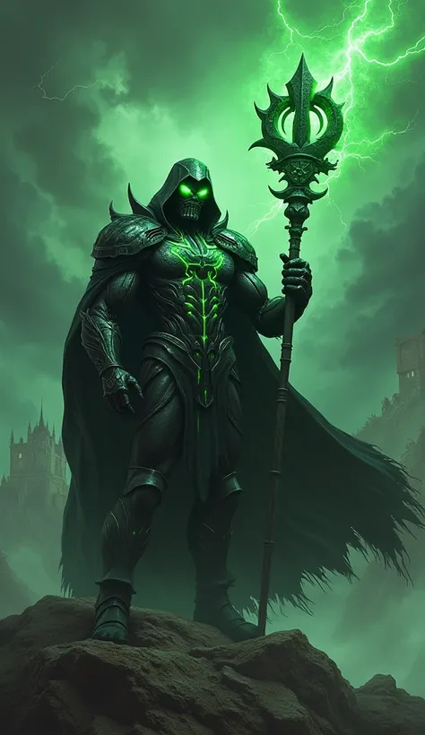 Depict an even darker and more menacing version of Doctor Doom, transformed into an apocalyptic overlord of chaos. His iconic armor is a jagged, blackened masterpiece with glowing green cracks pulsating like veins of cursed energy. His mask is more fearsom...