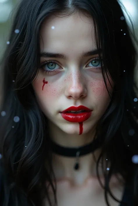 "An exquisitely beautiful teenage vampire captured in a striking close-up, her radiant porcelain skin glowing softly under the ethereal light of a full moon. Her long, silky black hair cascades around her face in perfect waves, framing her flawless feature...