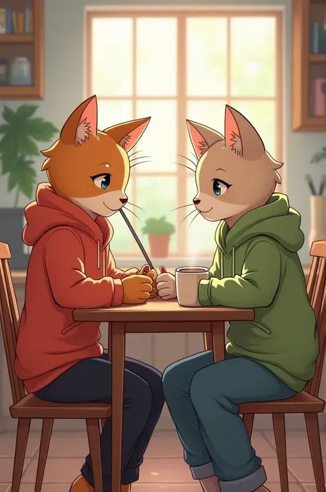 Two human body cats sitting close each other in the kichen by the table with cozy jumpers and drinking morning coffe , one cat rolling weed joint . Both cats waers cozy clothes. Paint in anime style