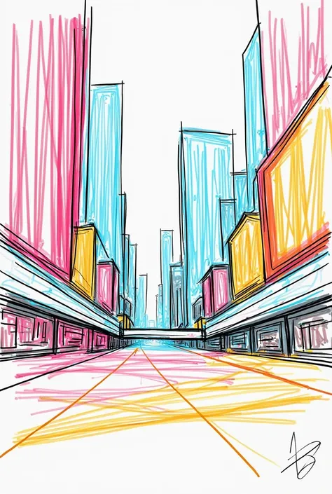 colorful sketch drawing, simple sketch drawing, simple lines,  Zenless Zone-Zero-style buildings, combat zone 