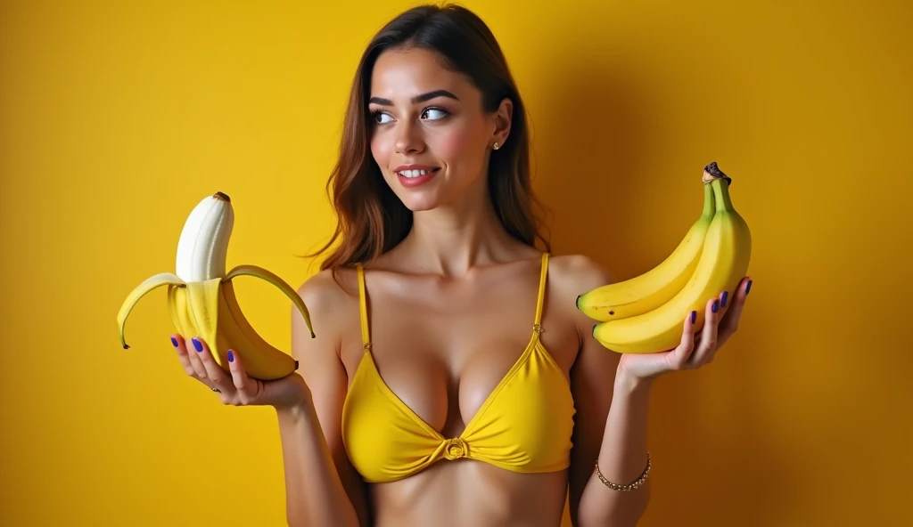  create an image for the cover of a YouTube video on the subject  "The size does matter "  the image has to have a sexy woman with two bananas , The woman is showing the bananas in front ,  in one hand she has a large banana and in the other hand she has a...