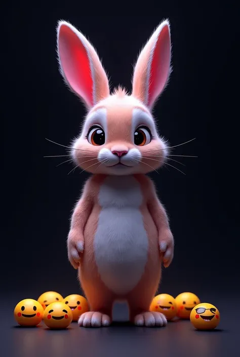 2560 x 1440 horizontal image of a humanoid rabbit on a black background with emojis of happy faces around