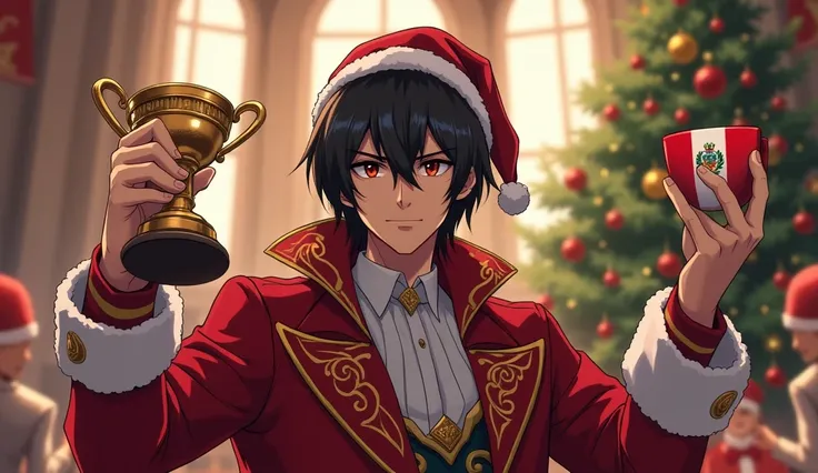 Lelouch from Code Geass in Christmas costume raising a prize cup with one hand and a cup of chocolate with the other hand. Is there a Peruvian flag in the cup. in the background there is a medieval castle and a Christmas party