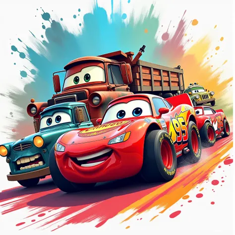 A colorful group of animated cars with anthropomorphic designs, including a truck and race cars, all smiling and speeding together in a high-energy, artistic paint-splash environment