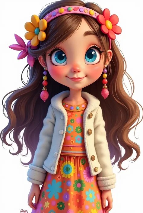 Cartoon series Cosmo and Wanda girl with blue eyes brown hair wears a hippie flower band on her forehead she has a hippie dress with a white knit jacket