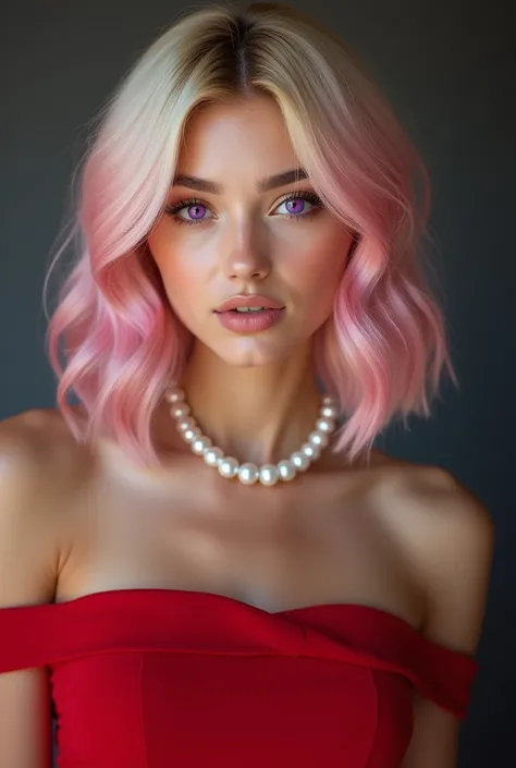  Ultra-realistic photograph , blond and pink gradient  。  glamorous haircut  。  Mysterious and magical purple eyes .。  Lady in a red dress  。 belleza encantadora 。 pearl jewelry 。baile real 。 Ultra-realistic photograph  profesional de lata calidad de cuerp...