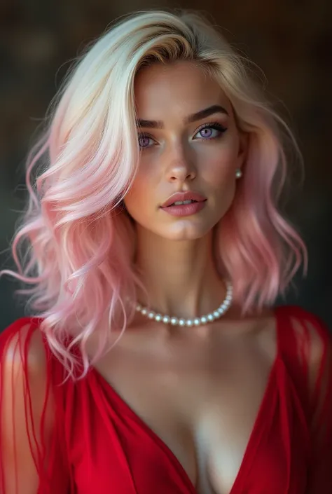  Ultra-realistic photograph , blond and pink gradient  。  glamorous haircut  。  Mysterious and magical purple eyes .。  Lady in a red dress  。 belleza encantadora 。 pearl jewelry 。baile real 。 Ultra-realistic photograph  profesional de lata calidad de cuerp...