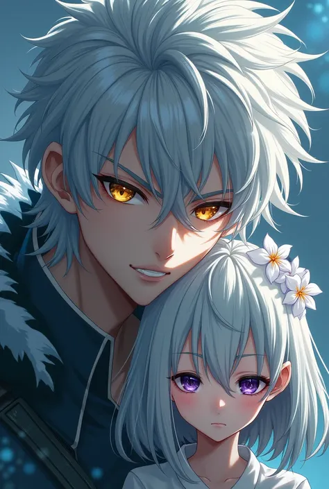 Tomioka with a girl with white hair, two flowers in her hair on each side, a yellow eye and a purple eye with a star-shaped iris in Demon Slayer