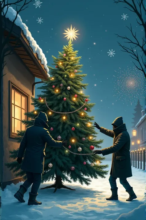  masterpiece fails, illustration, New Year, New Years Miracle, super nice,  CHRISTMAS TREE,  is stolen with toys and garlands, snow sparkles from behind , Fluffy snowflakes , winter, firework, lights, Twinkle