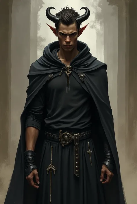 Tall and young brownskin male tiefling ,  dark brown short hair with short curved horns facing the back of the head,  eyes without irises or completely red pupils  , long thin skirt with arrowhead  , wearing black shirt and pants with black hooded cape  