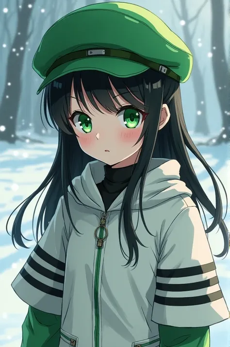 Anime girl green hat like the one with the boy from 8
Ojos Verdes
Snow white leather
Long black hair with bangs green warmers with black stripes 