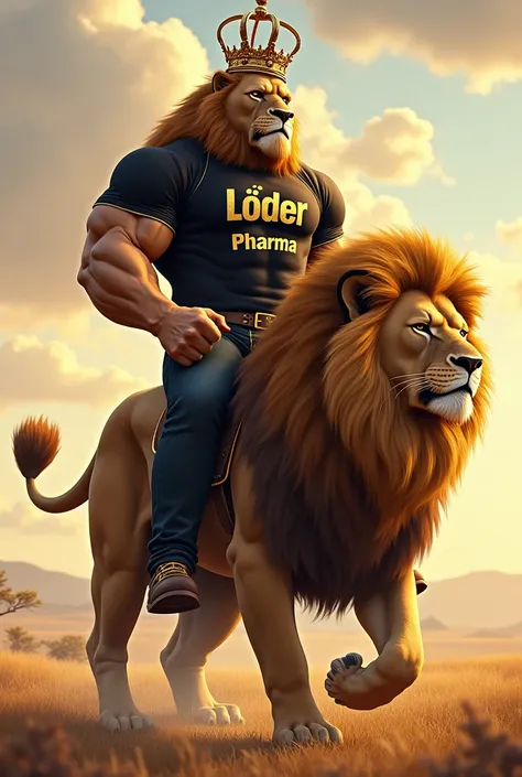 Here is the detailed prompt to recreate this image, now including the realism and the requested elements:

Prompt: "A hyper-realistic illustration of an extremely muscular anthropomorphic lion, with a bodybuilders body, wearing a black shirt with gold deta...