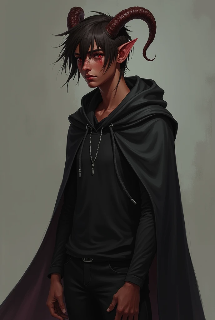 Tall and young brownskin male tiefling ,  dark brown short hair with short curved horns facing the back of the head with eyes without irises or blood-red pupils , Long thin hair with arrowhead brown , wearing black shirt and pants with black hooded cape  