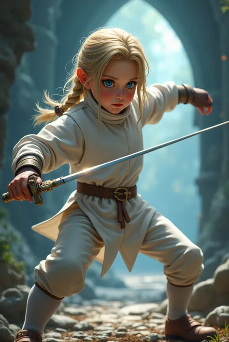 fencingur. fencing. Viking boy blond braided long hair. blue eyes. White Fencing Suit . Epee a la main droite.  White knee socks . white pants. Veste descrime blanche. Fantasy