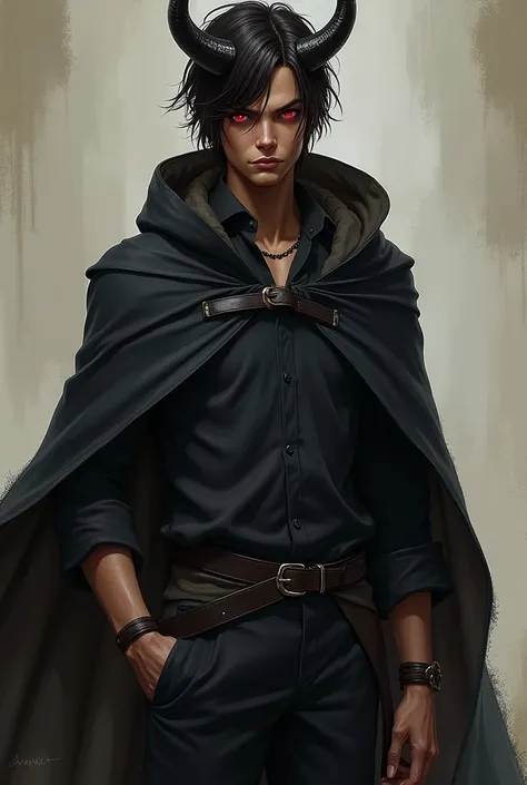 Tall male tiefling with sereva appearance and young brown-skinned  ,  dark brown short hair with short curved horns facing the back of the head with eyes without irises or blood-red pupils , Long thin hair with arrowhead brown , wearing black shirt and pan...