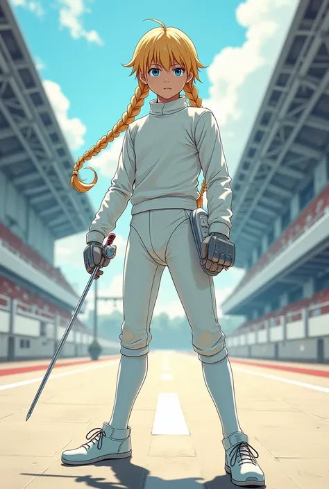 fencingur. fencing.  Blonde boy with long braided hair. blue eyes. White Fencing Suit . Epee a la main droite.  White knee socks . white pants. Veste descrime blanche. Manga fence