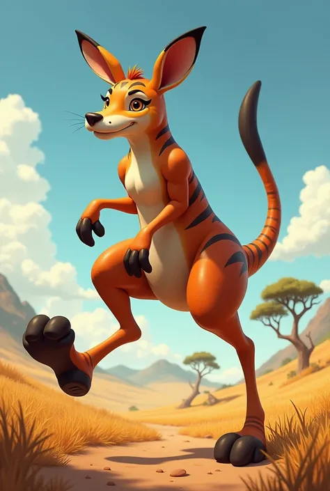 humanoid creature with strong kangaroo legs, a tail, and large feet for jumping. The face is human-like with a playful, energetic expression on savannah 