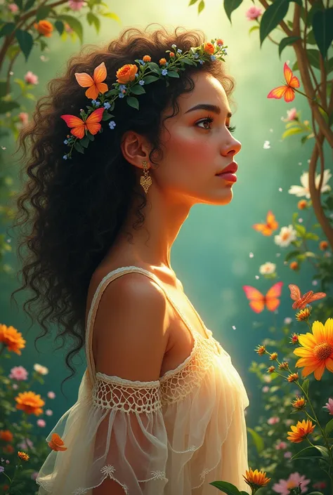 Create s , pele morena,  curly hair,  brown eyes ,  wearing sleeved dress ,  filled with Gods Holy Spirit, linda, sweet, delicate,  in a garden full of flowers and animals, design