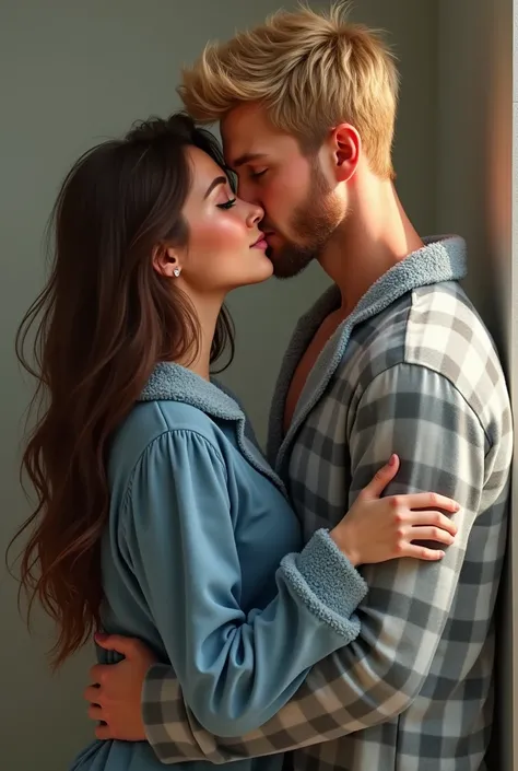  A woman with brown hair down her shoulders , green eyes and freckles, wear hairy blue pajamas .

A man with short blond hair,  short blonde beard and hazel eyes .  He wears gray checkered pajamas .
 She is leaning against a wall while kissing the man 