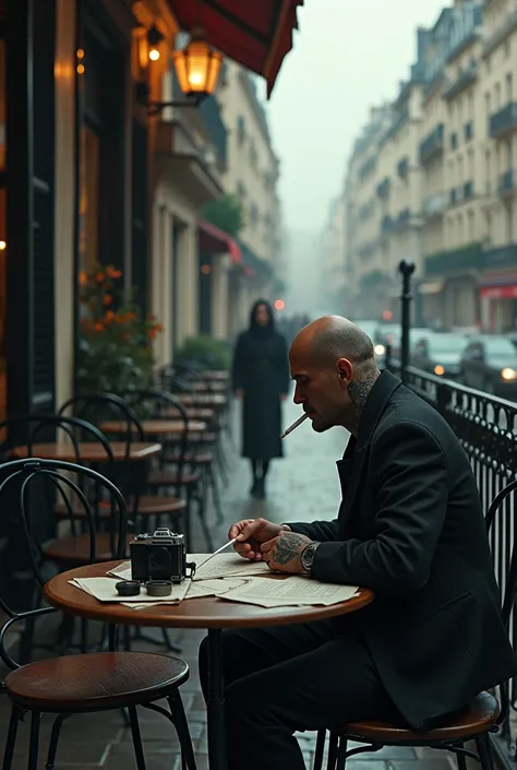 Dans les rues d un vieux Paris, un homme avec des tatouages et le crane raseé boit un café en terrasse avec une cigarette et un script en vrac sur la table. Des feuilles de cahier s envolent et un vieil appareil photo sur la table. Au loin une femme avec d...